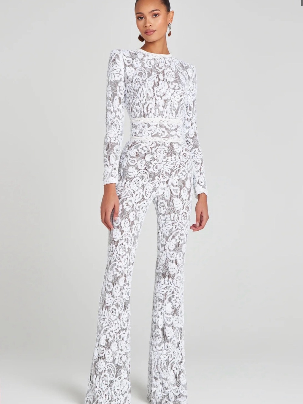 NADINE MERABI White Lace Long-Sleeve Sheath Gown - Picture 1 of 4